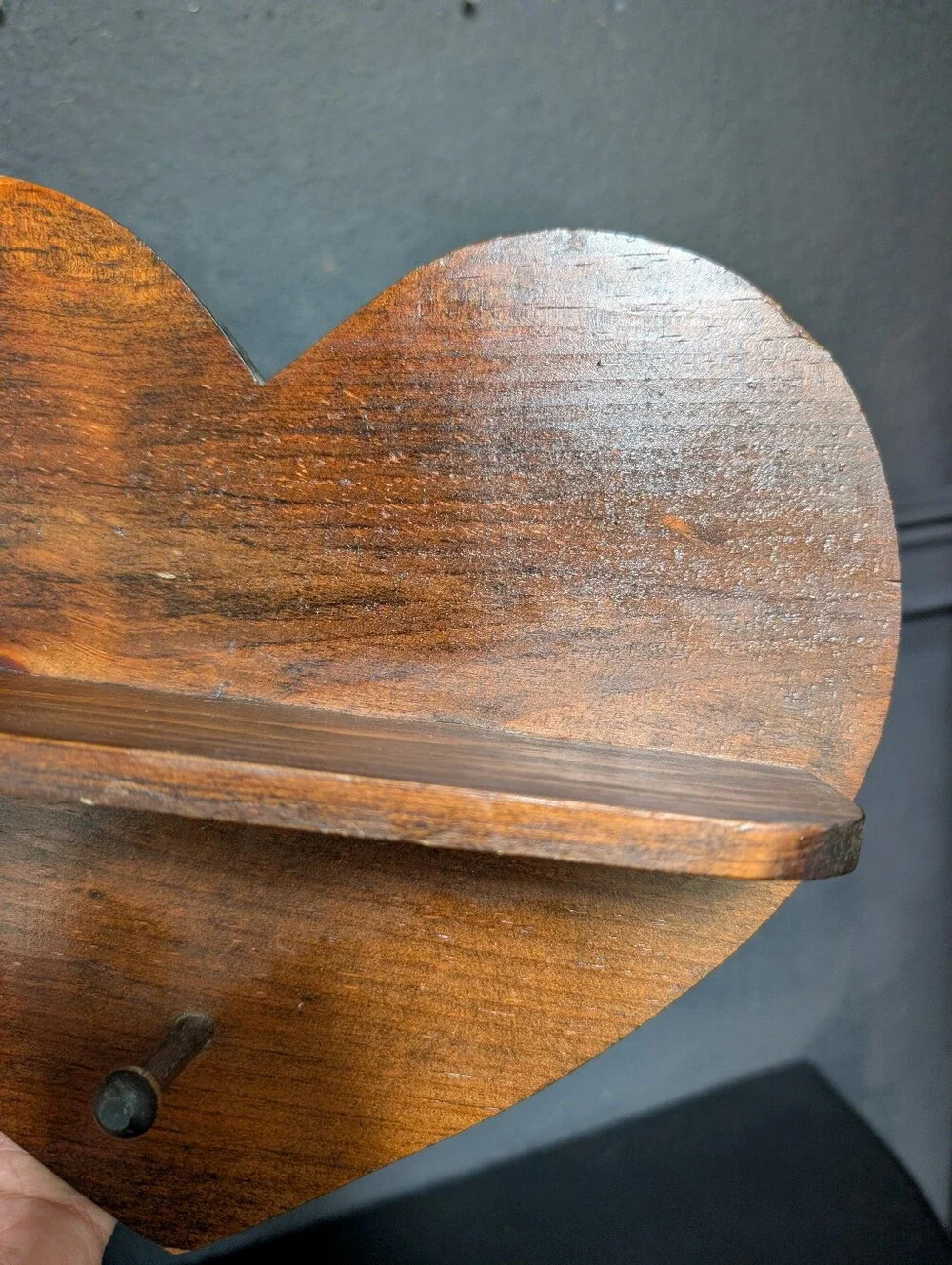 Vintage Walnut Color wooden heart-shaped wall shelf, small display ledge
